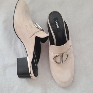 DKNY Rizz Suede Logo Hardware Block Heel Mules